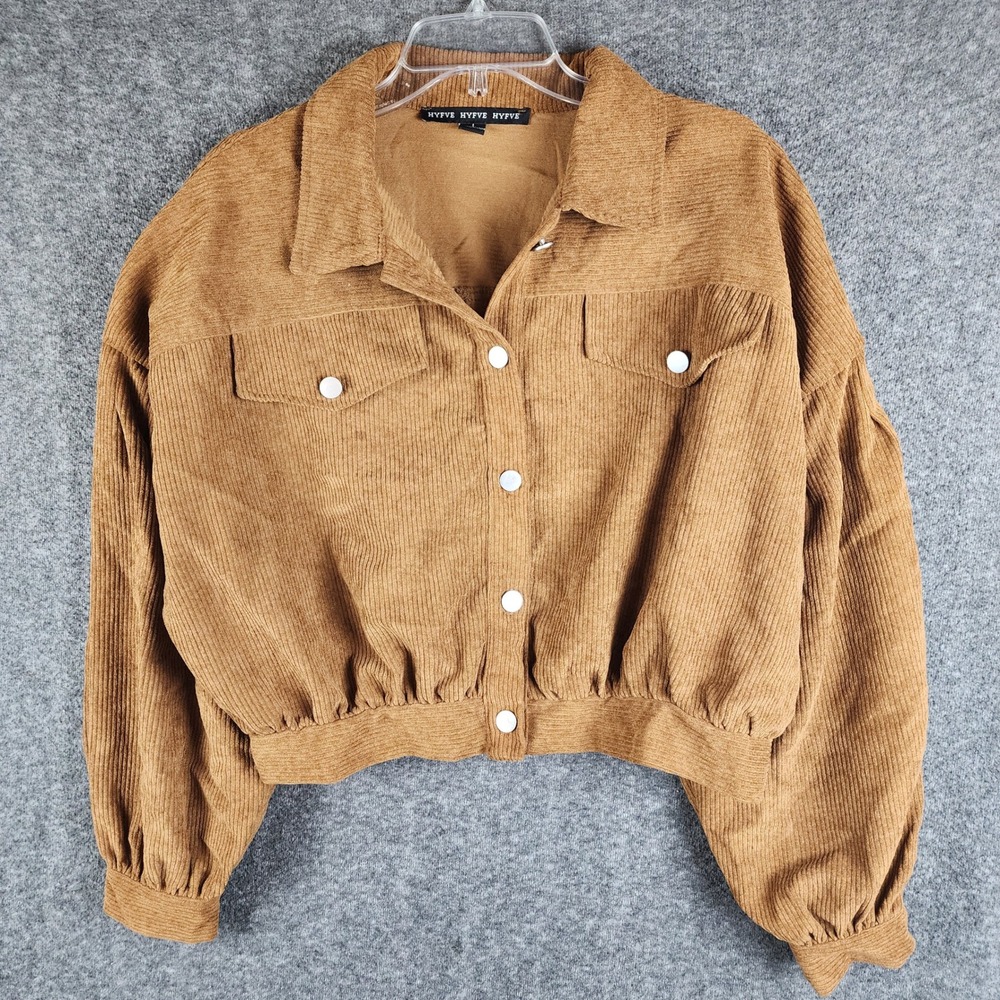 Hyfve Jacket Womens Large HF22C099 Camel Brown Corduroy Cropped Snap Button EUC